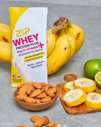 This whey protein sachet that is delicious with a sweet banana milk flavor.