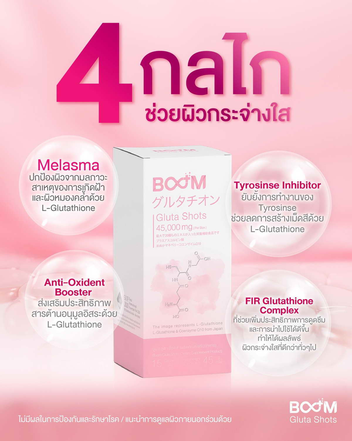 4 mechanisms to enhance the radiant clarity of the skin in Boom Gluta Shots.