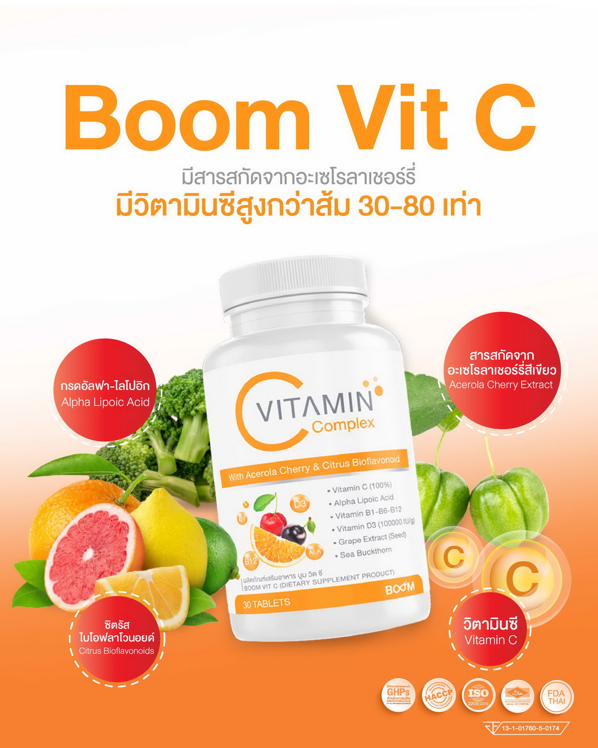 Boom Vit C 精选关键成分，提供超越普通维生素C 的价值。