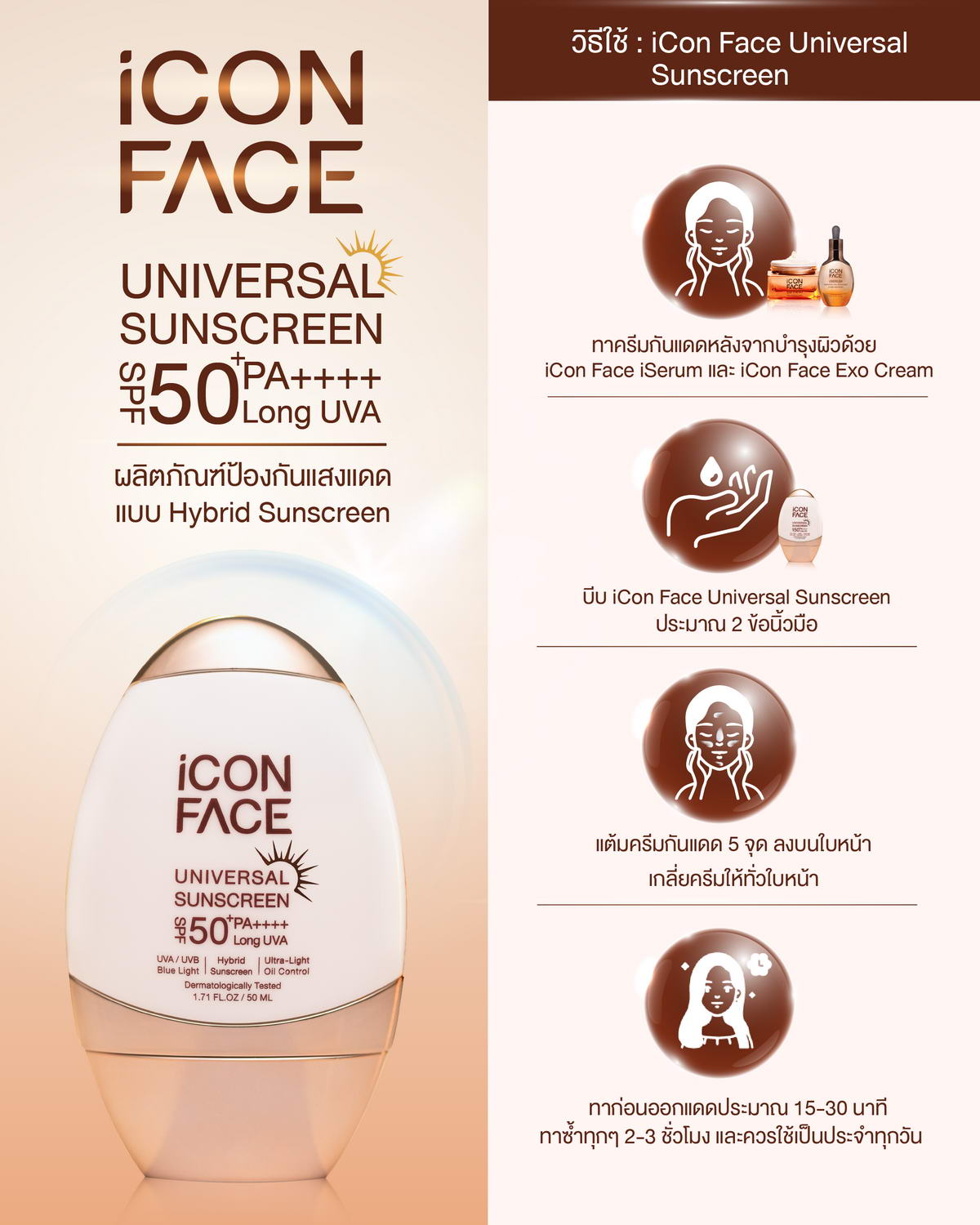 Instructions for using iCon Face Universal Sunscreen